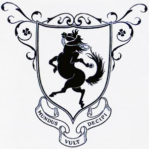 Heraldic shield with stallion and motto "Mudus vult decipi"