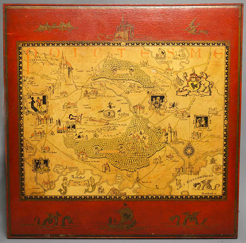 Card table with map of Poictesme, top view