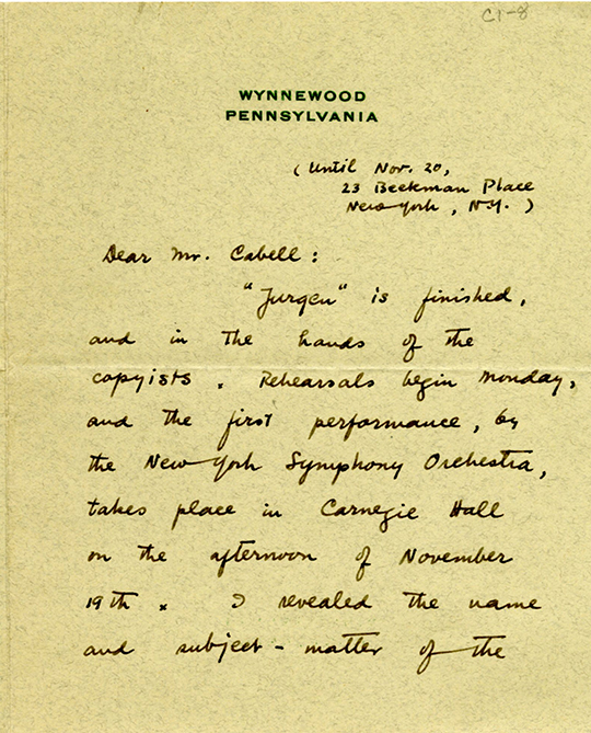 Deems Taylor letter to JB Cabell