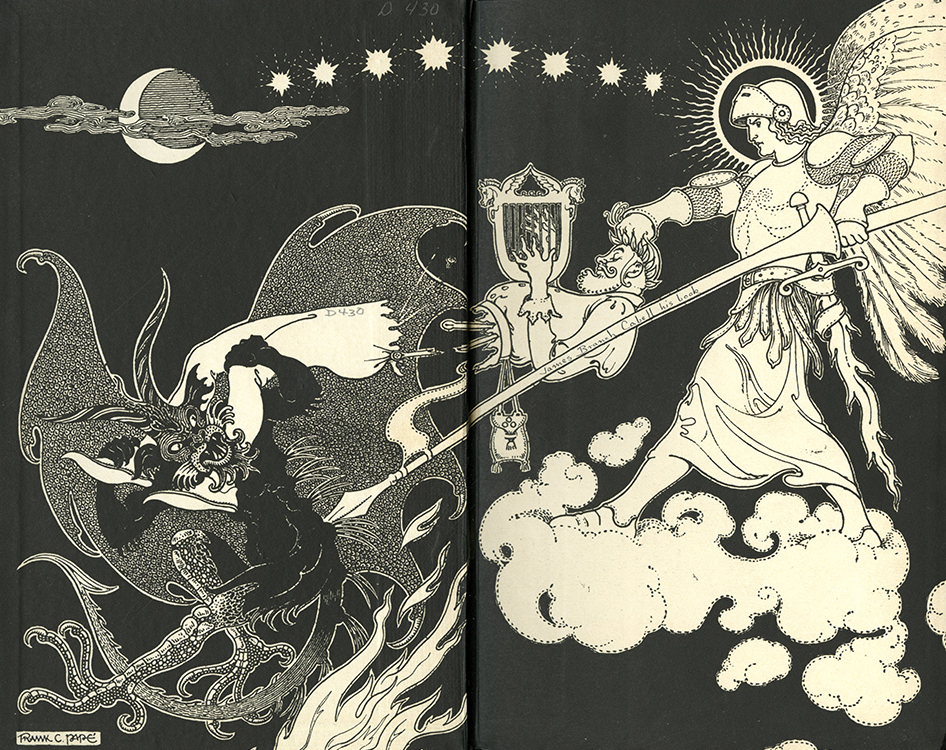 illustrated endpapers winged figure with a lance
