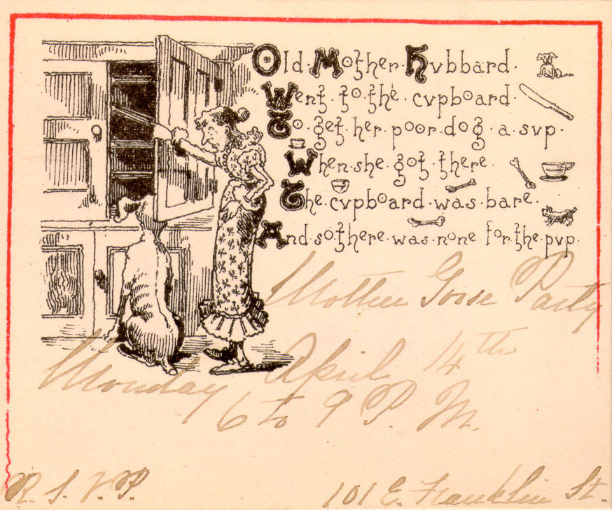 Old Mother Hubbard illustration Invitation to Cabell's birthday party 1884