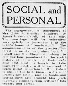 newspaper announcement of the Cabell / Shepherd engagement