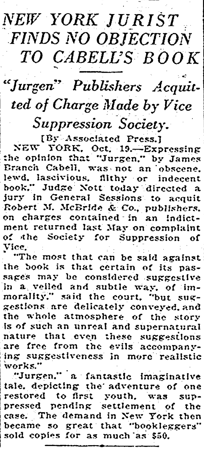 Newspaper article "Jurgen Publishers Aquitted" Oct 20 1922
