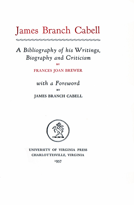 title page to Frances Brewer's 1957 bibliography of Cabell's writings