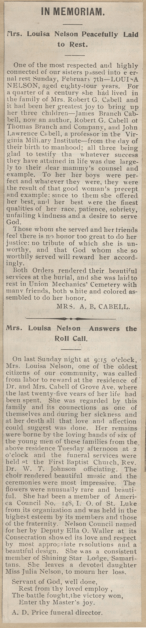 newspaper clipping Anne Cabell memorial for Louisa Nelson