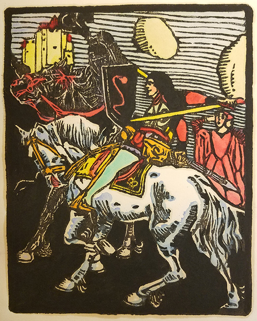 brightly colored lino-cut of two figures on horseback