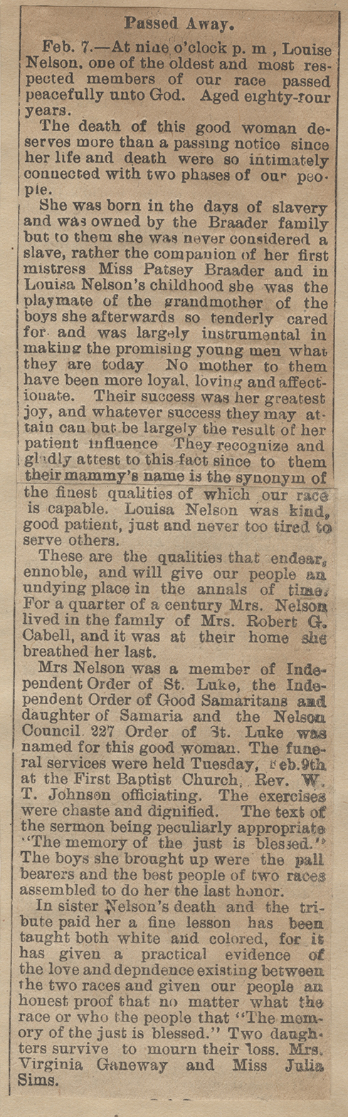newspaper clipping. Obituary for Louisa Nelson. Richmond Planet