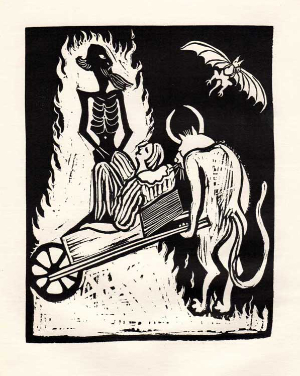 print shows Jurgen being pushed in a wheelbarrow by a demon with horns. he is meeting his father