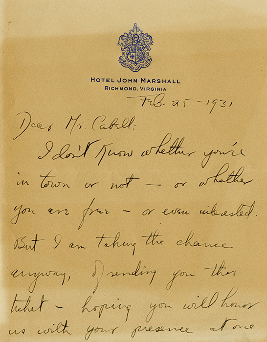 Letter from Ted Shawn to Cabell with tickets to show Feb 25 1931