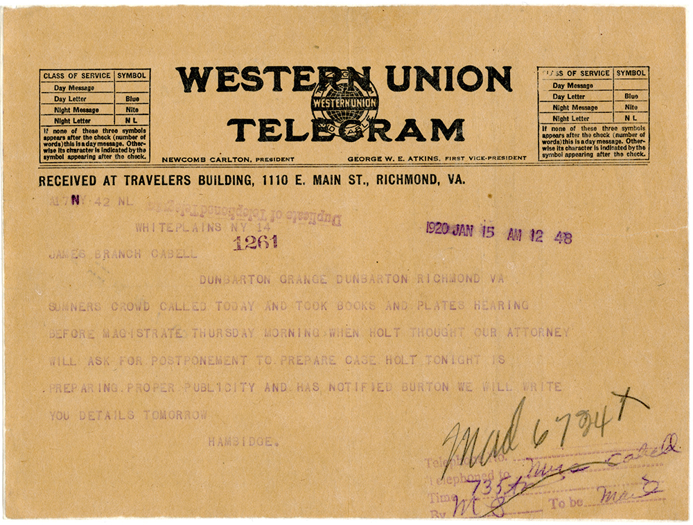 telegram to Cabell relating seizure of printing plates and copies of Jurgen