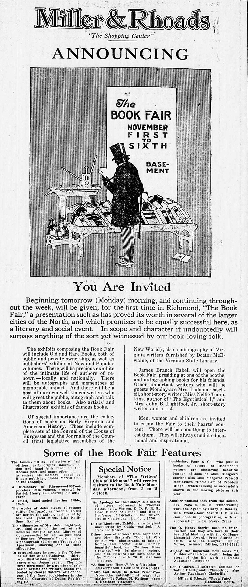 Advertisement for Miller & Rhoads first Book Fair, 1920
