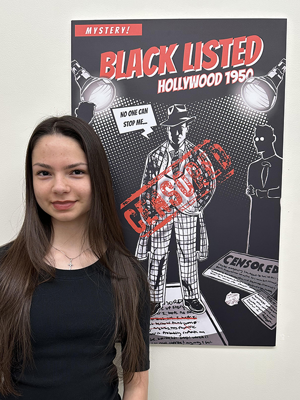 Ana Gonzalez with award-winning artwork "Blacklisted. Hollywood 1950"